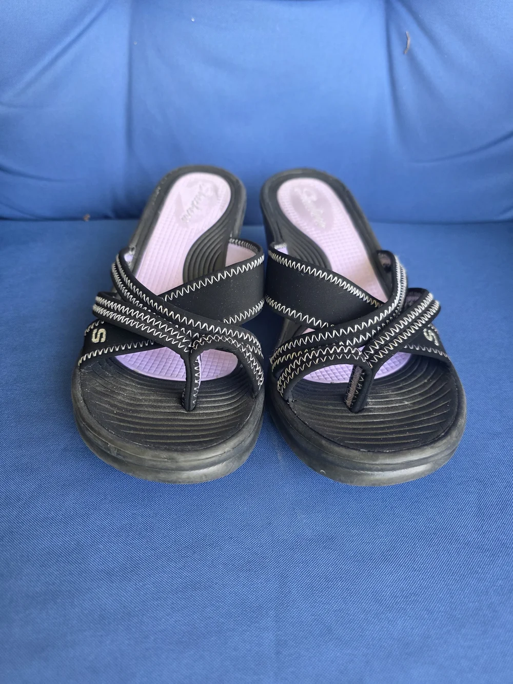 Skechers Black Purple Comfort Sandals Slip‑On Strappy Walking Slides